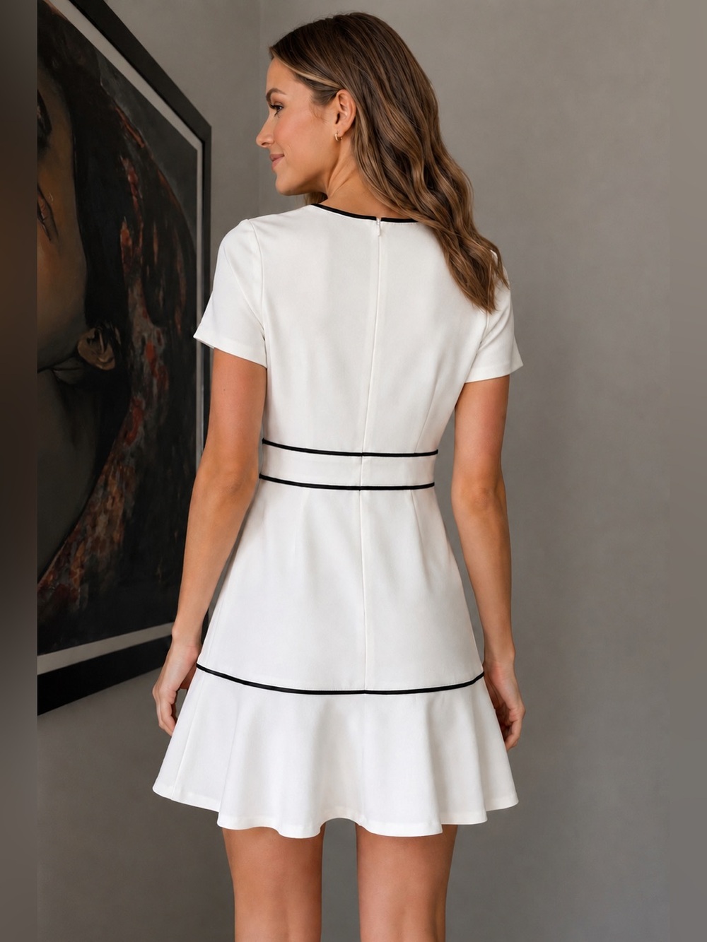 Love…ady White Fit & Flare Mini Dress Black Trim Size Small - Picture 3 of 9